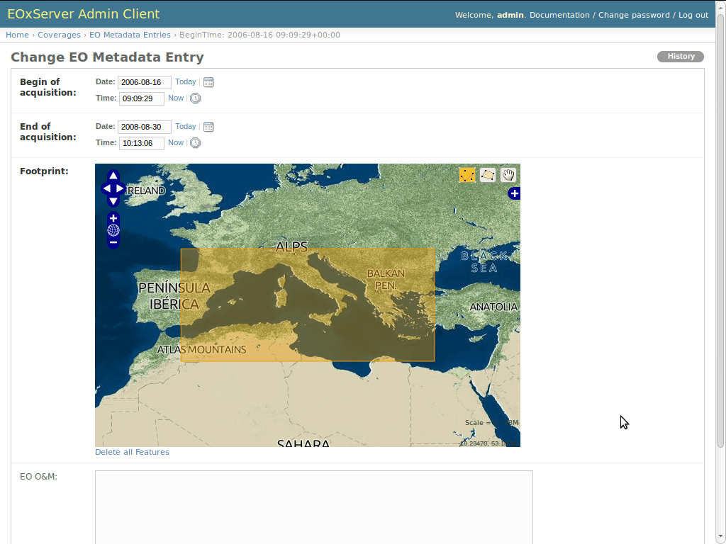 EOxServer demonstration admin client EO Metadata
