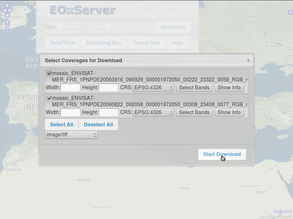 EOxServer demonstration embedded client download selection