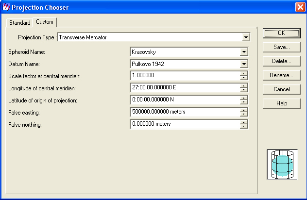 Настройки поперечной проекции Меркатора