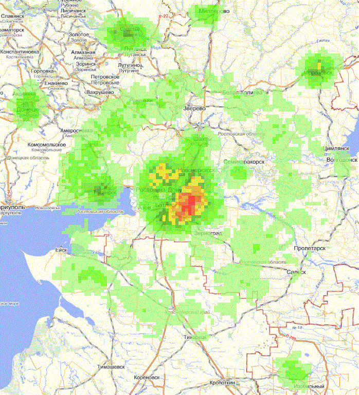 в ArcMap, <br />1)значение cellsize 2711 метра, <br />2)значение  Neighborhood - 22599 метров