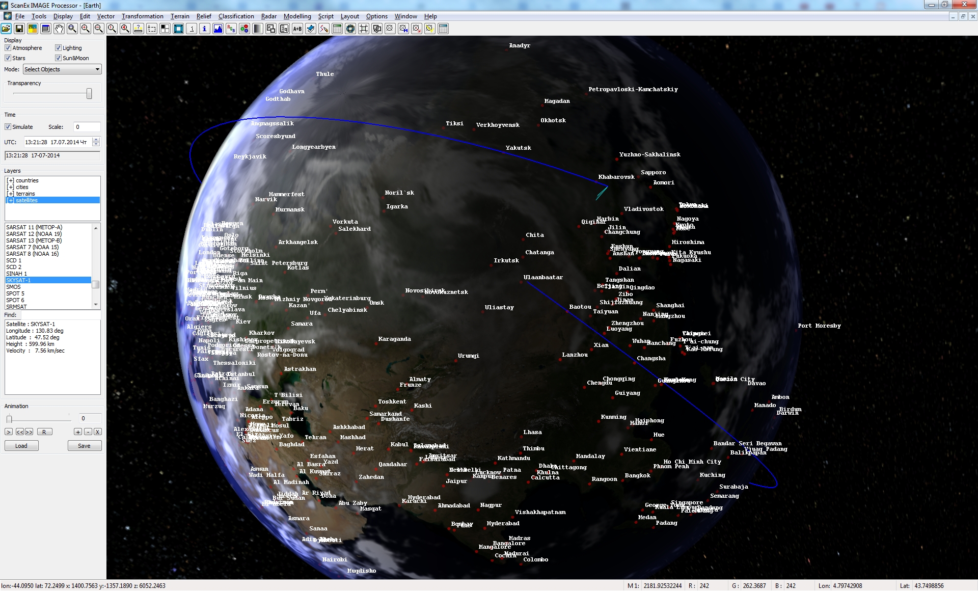 Положение SKYSAT-1 17-07-2014 13:21:28 UTC