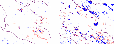 Сравнение сгоревших площадей на основе MCD45 (синий) и оцифрованных вручную по данным MOD02QKM (красный) за разные годы